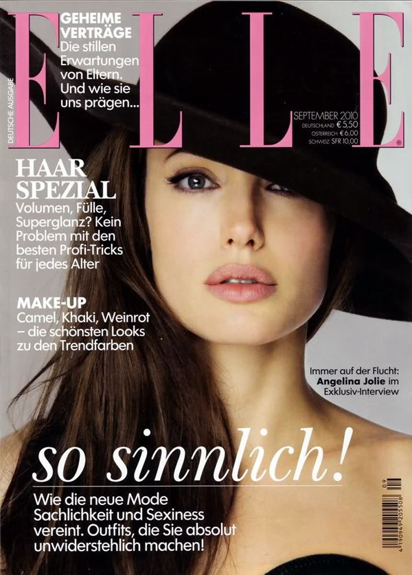 Анджелина Джоли тогда и сейчас: фото обложек - в шляпе для Elle Germany (сентябрь 2010)