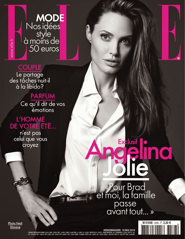 Анджелина Джоли тогда и сейчас: фото обложек - в брючном костюме для Elle France (май 2014)