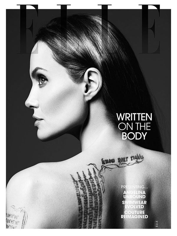 Анджелина Джоли тогда и сейчас: фото обложек - с татуировками на спине для Elle US (июнь 2014)