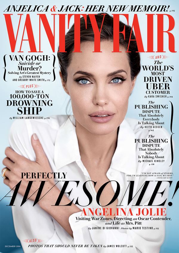 Анджелина Джоли тогда и сейчас: фото обложек - в белой блузке для Vanity Fair (декабрь 2014)