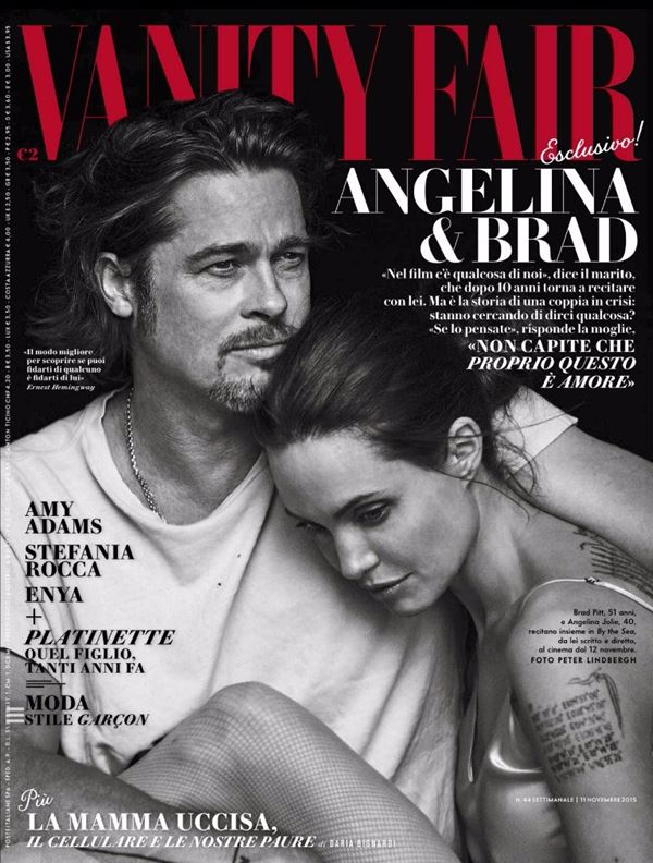 Анджелина Джоли тогда и сейчас: фото обложек - чёрно-белое с Брэдом Питтом для Vanity Fair Italy (ноябрь 2015)