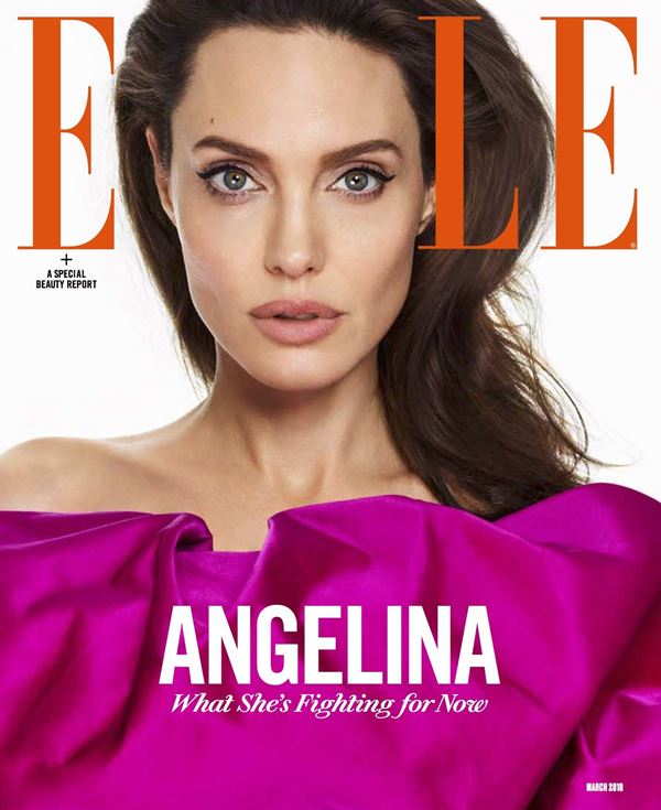 Анджелина Джоли тогда и сейчас: фото обложек - оттенок фуксия для Elle US (март 2018)