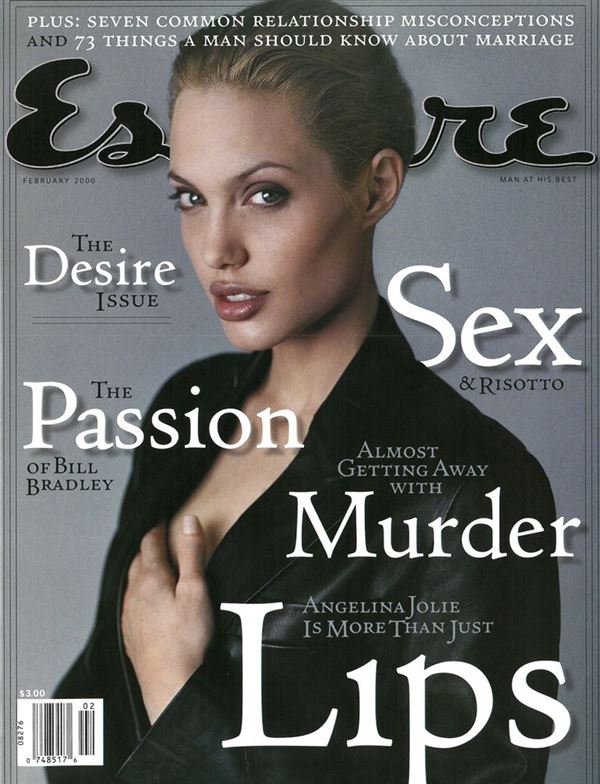 Анджелина Джоли тогда и сейчас: фото обложек - блондинка в чёрной коже для Esquire (февраль 2000)