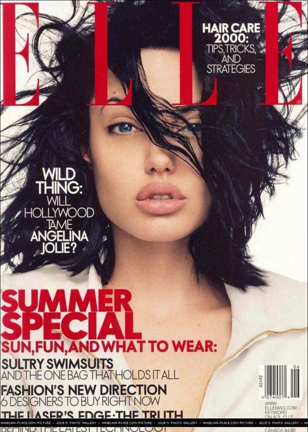 Анджелина Джоли тогда и сейчас: фото обложек - с короткой стрижкой и чёрными волосами для Elle (июнь 2000)
